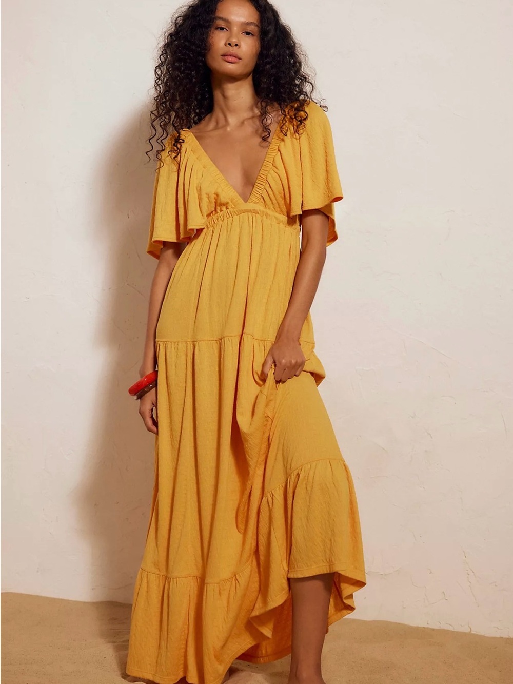Free People La La Maxi Dress in Mustard Yellow Sz S NEW